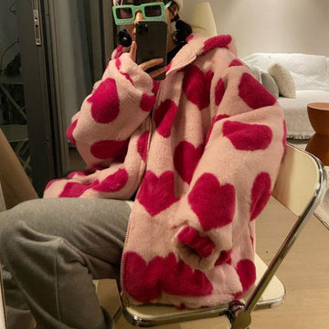 Znbbw Harajuku Heart-shaped Print Plush Jacket Women Winter Korean Large Size Long Sleeve Hooded Coat Thick Warm Couple Streetwear